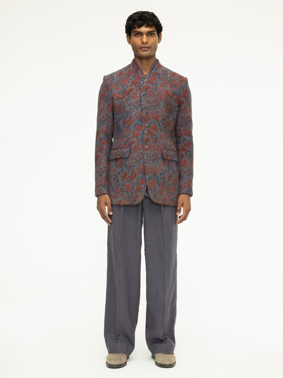 Asymmetric Ajrak Stand-Collar Jacket