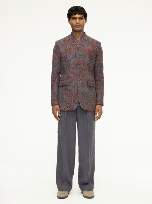 Asymmetric Ajrak Stand-Collar Jacket