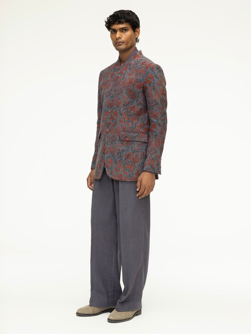 Asymmetric Ajrak Stand-Collar Jacket