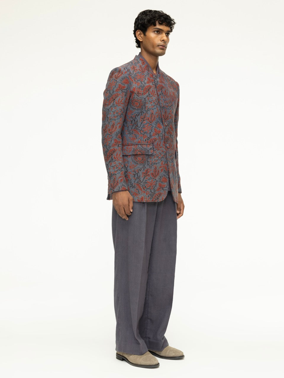 Asymmetric Ajrak Stand-Collar Jacket