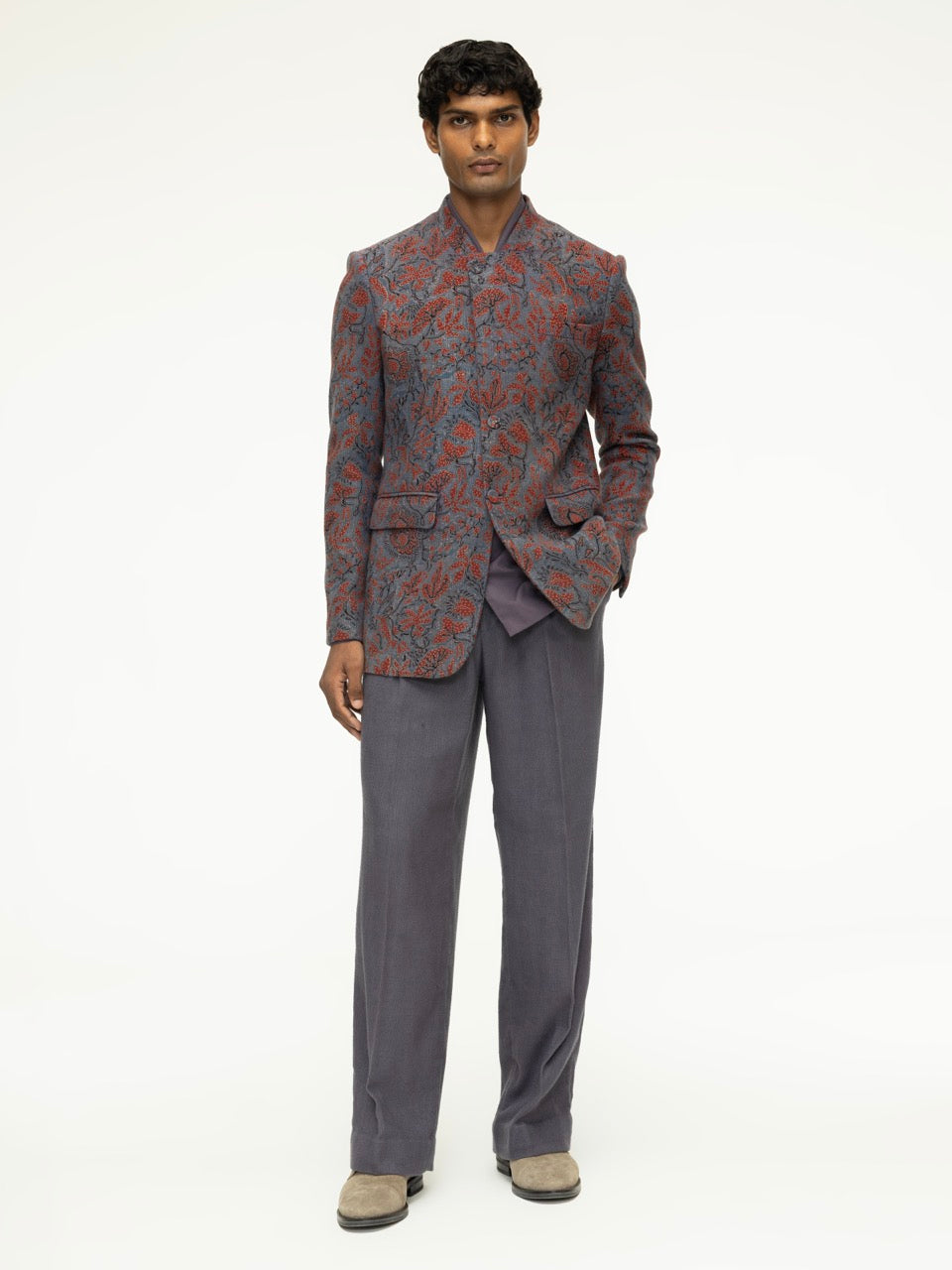 Asymmetric Ajrak Stand-Collar Jacket