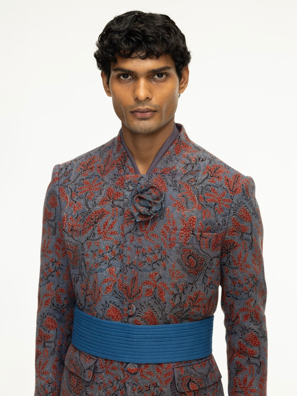 Asymmetric Ajrak Stand-Collar Jacket