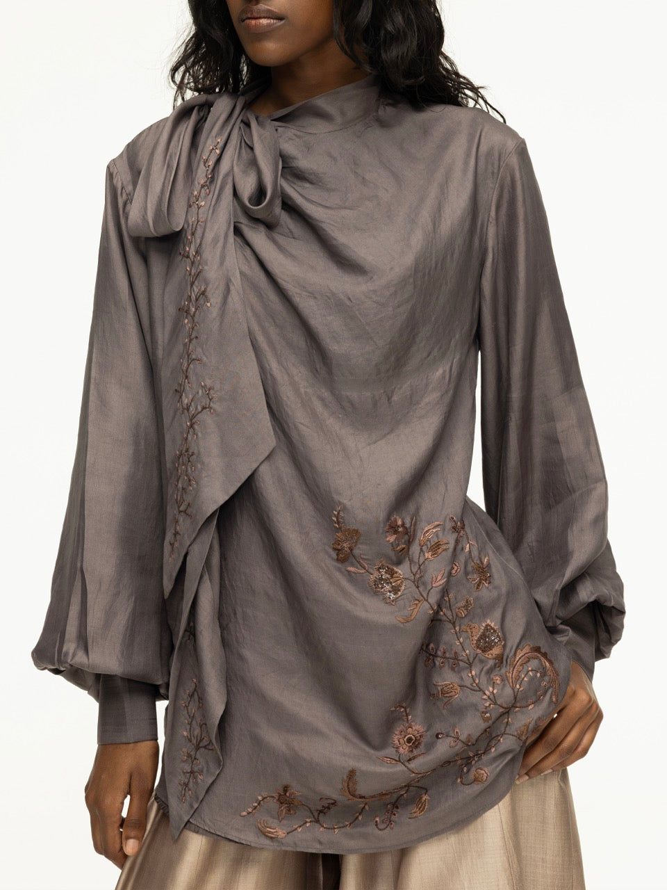 Embroidered Cowl Neck Silk Tie Top