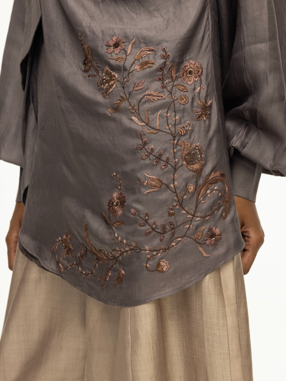 Embroidered Cowl Neck Silk Tie Top