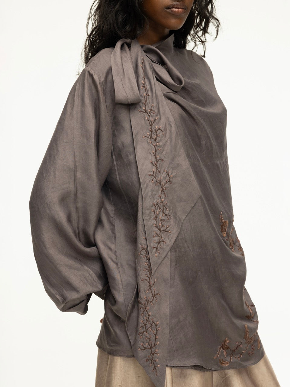 Embroidered Cowl Neck Silk Tie Top