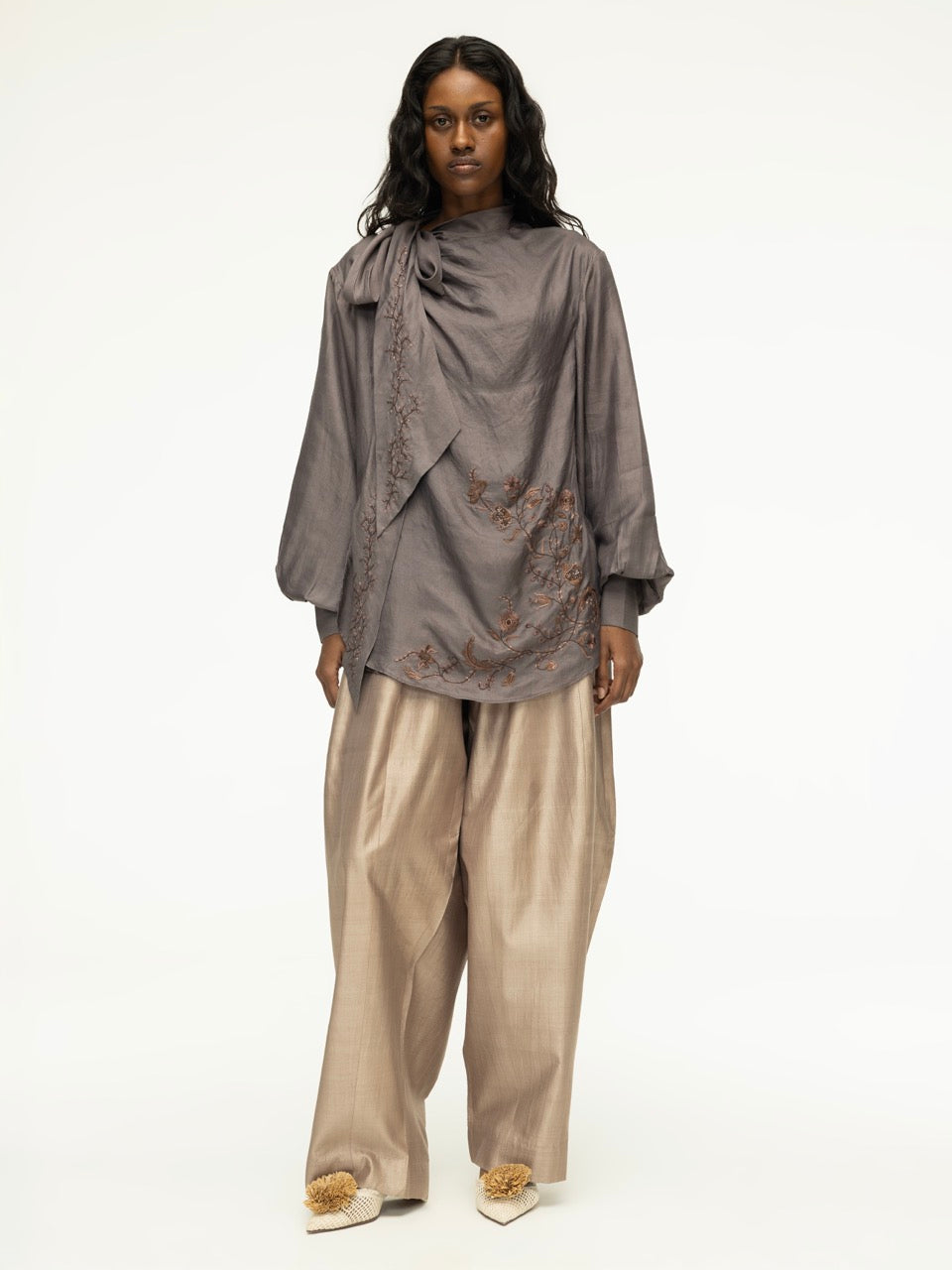 Embroidered Cowl Neck Silk Tie Top