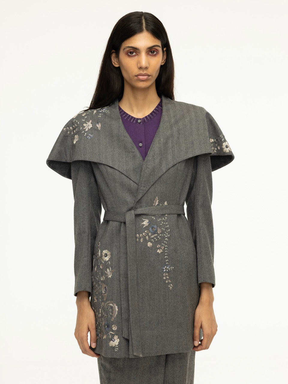 Shawl-Collar Embroidered Woolen Jacket