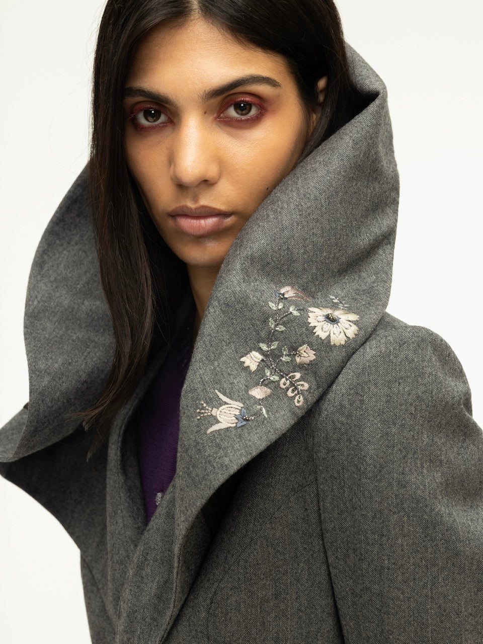 Shawl-Collar Embroidered Woolen Jacket