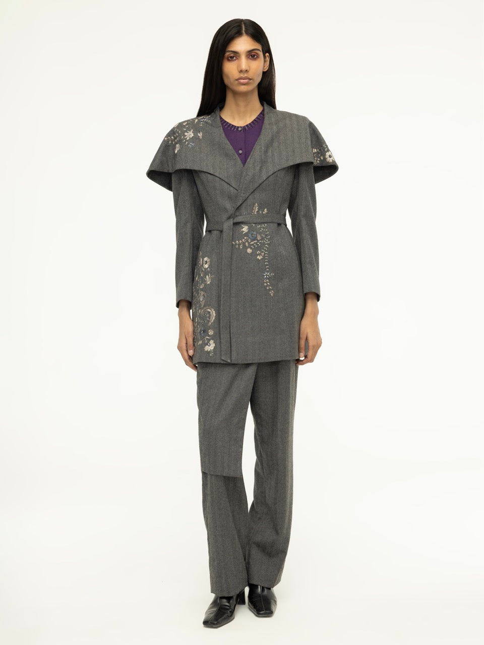 Shawl-Collar Embroidered Woolen Jacket