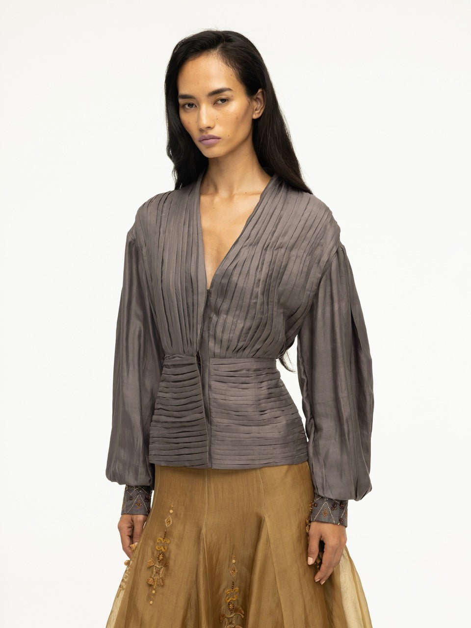 Eco Printed Pleated Silk Top with Embroidered Cuffs