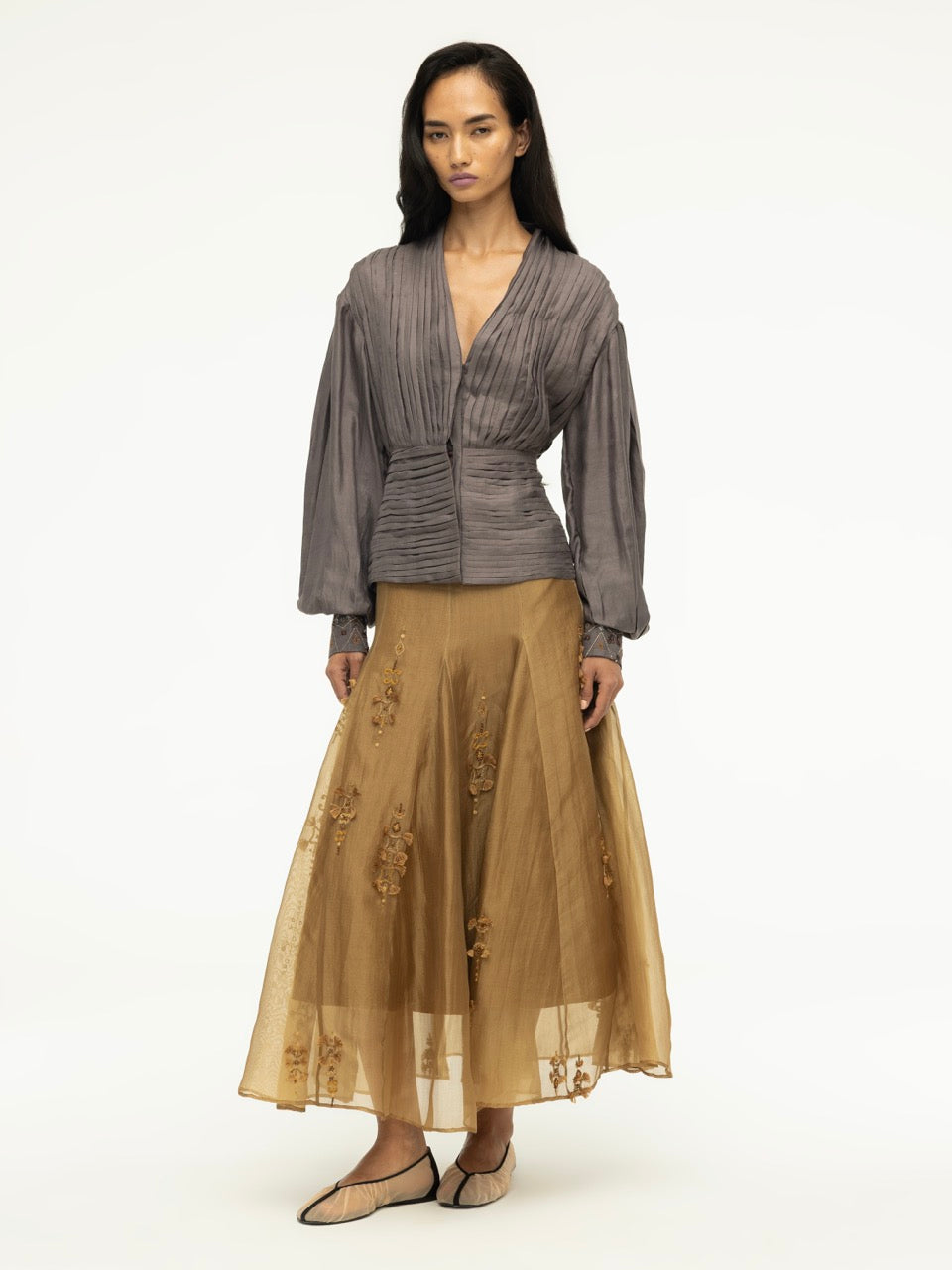 Eco Printed Pleated Silk Top with Embroidered Cuffs
