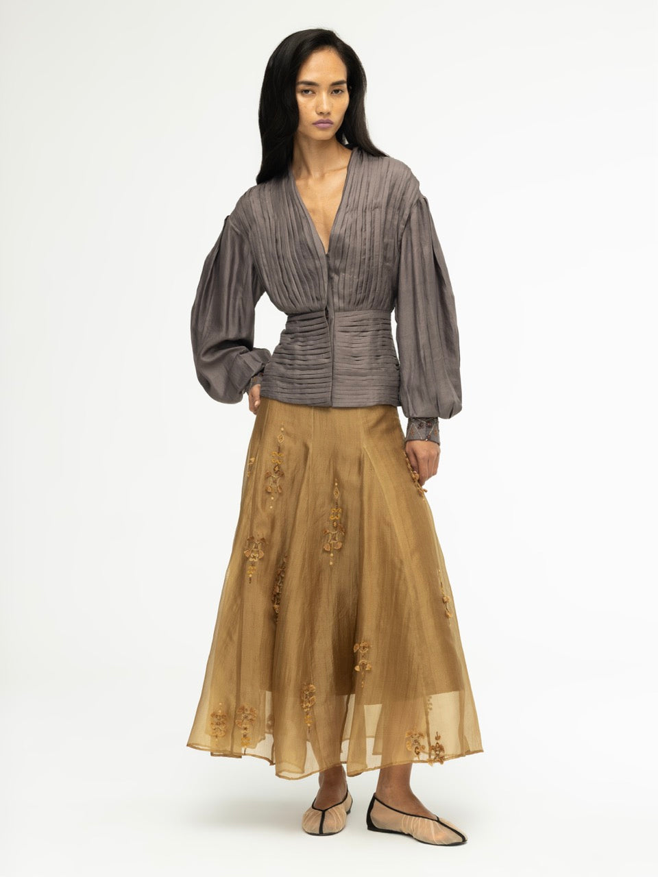 Eco Printed Pleated Silk Top with Embroidered Cuffs