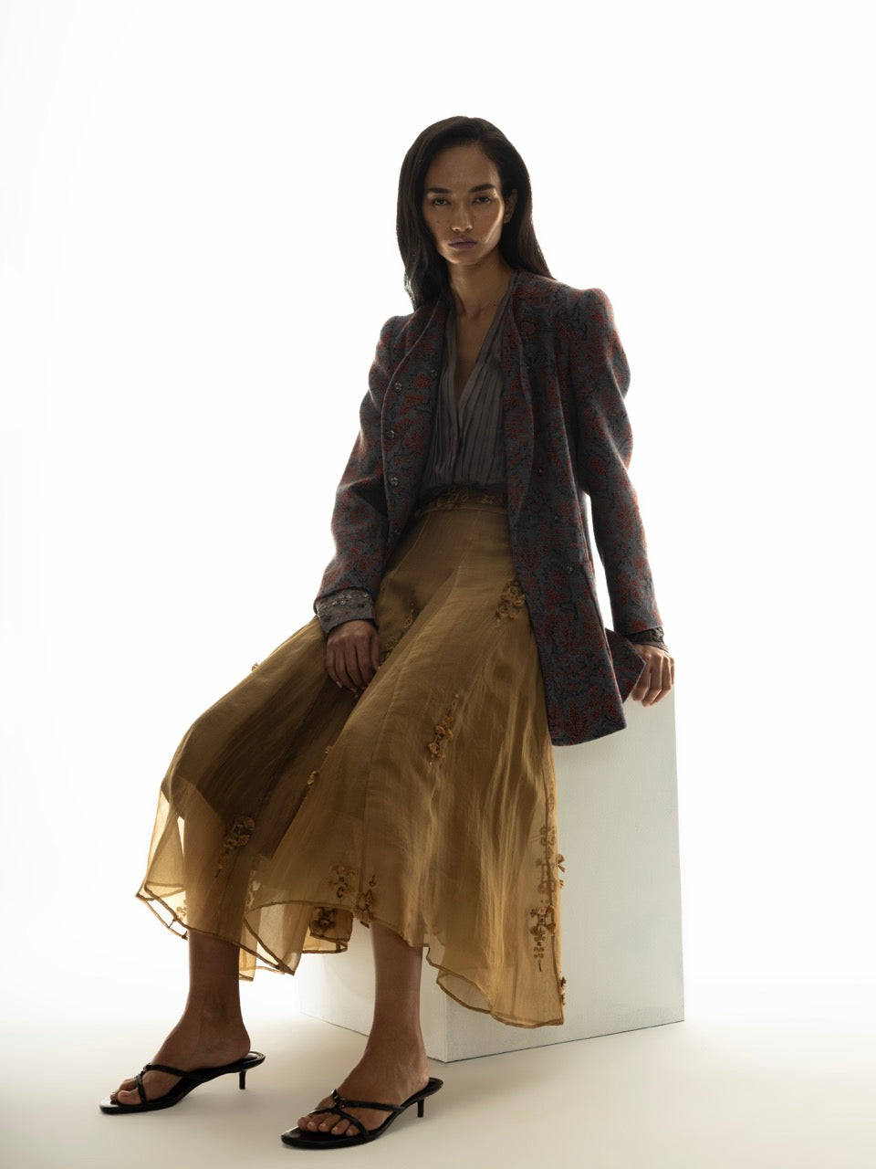 Eco Printed Pleated Silk Top with Embroidered Cuffs