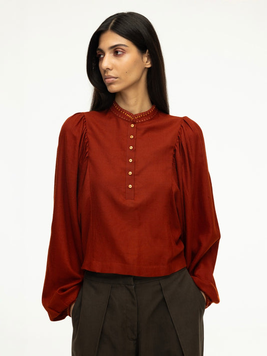 Embroidered Wool Blouse with Gathered Sleeves