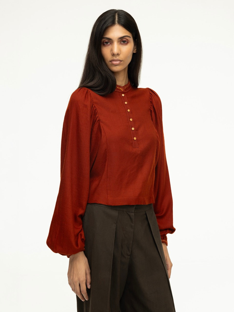 Embroidered Wool Blouse with Gathered Sleeves