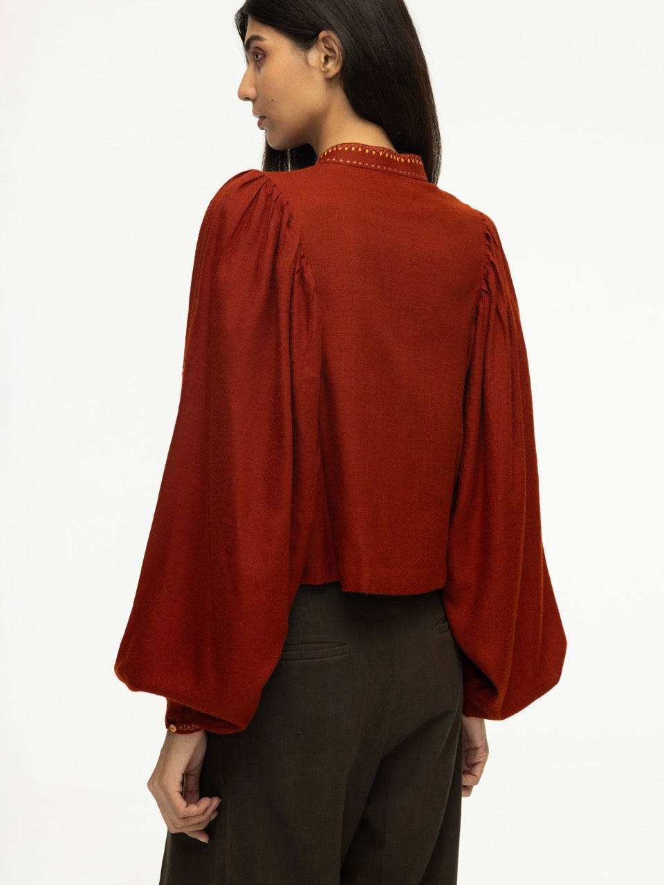 Embroidered Wool Blouse with Gathered Sleeves