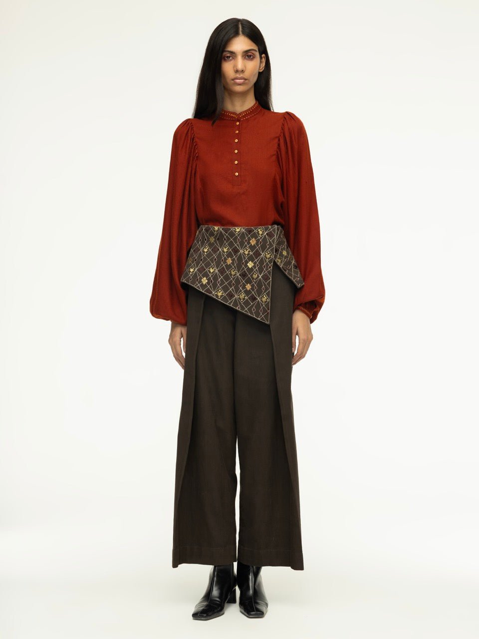 Embroidered Wool Blouse with Gathered Sleeves