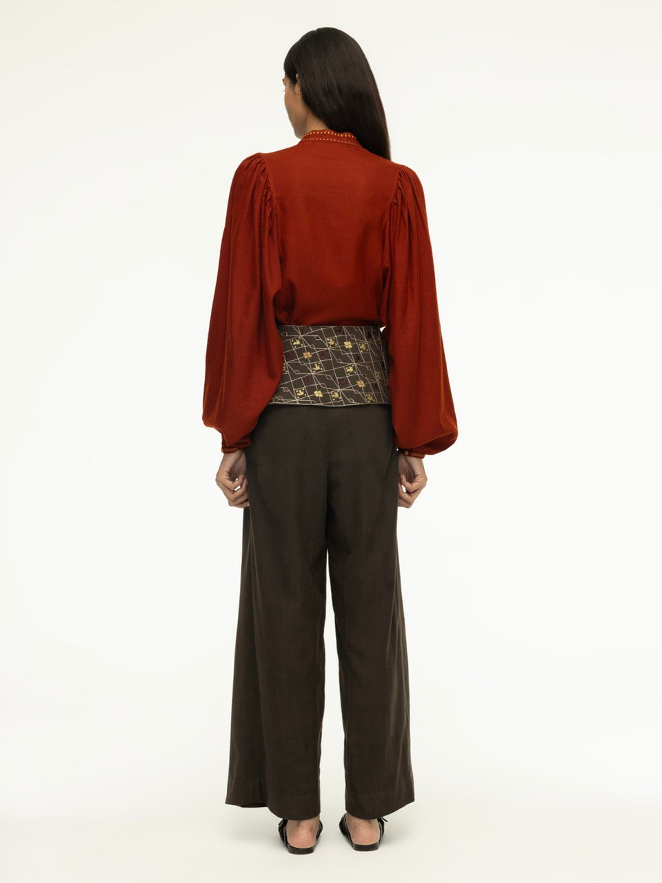 Embroidered Wool Blouse with Gathered Sleeves