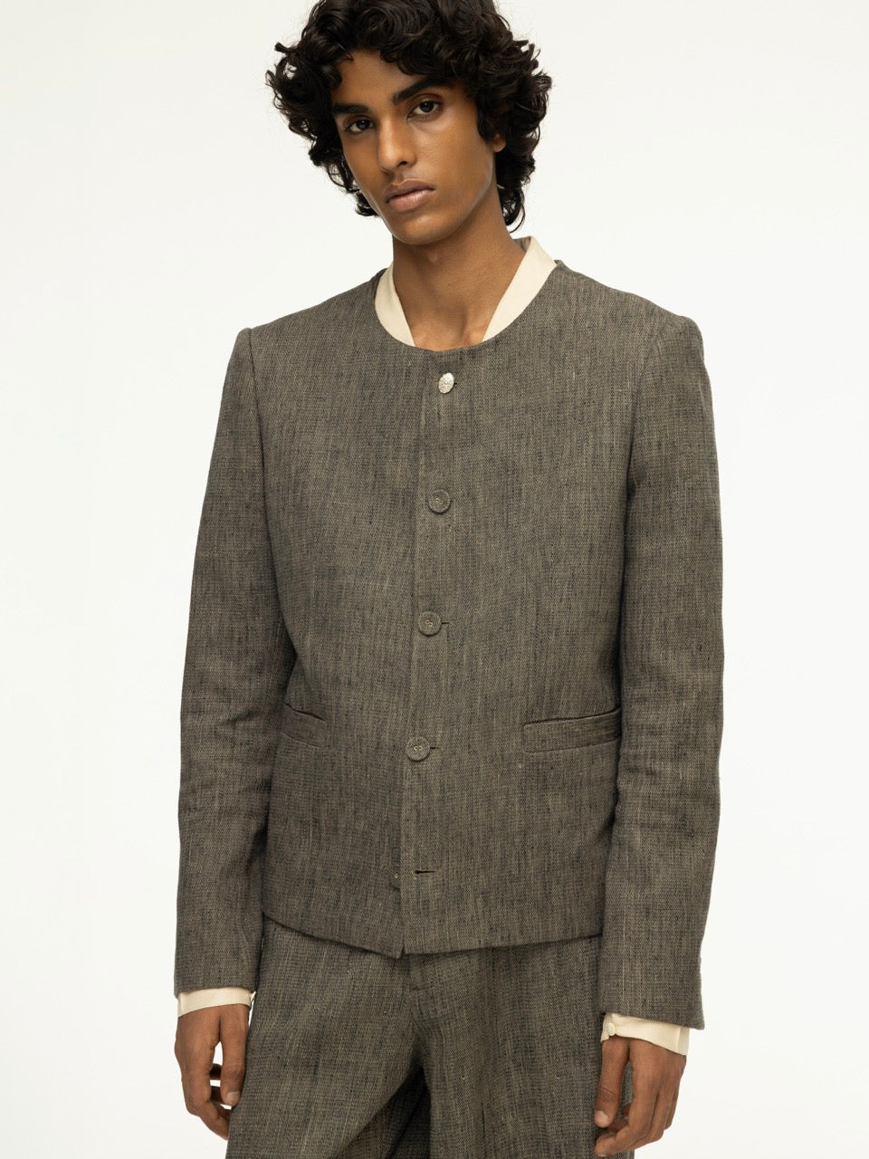 Silver-Button Collarless Denim Jacket