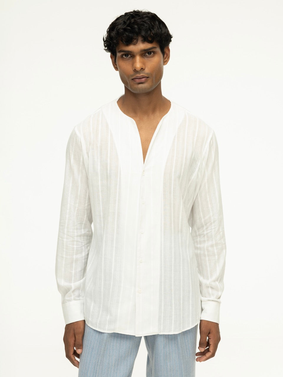 Men's Textured Cotton Collarless Shirt