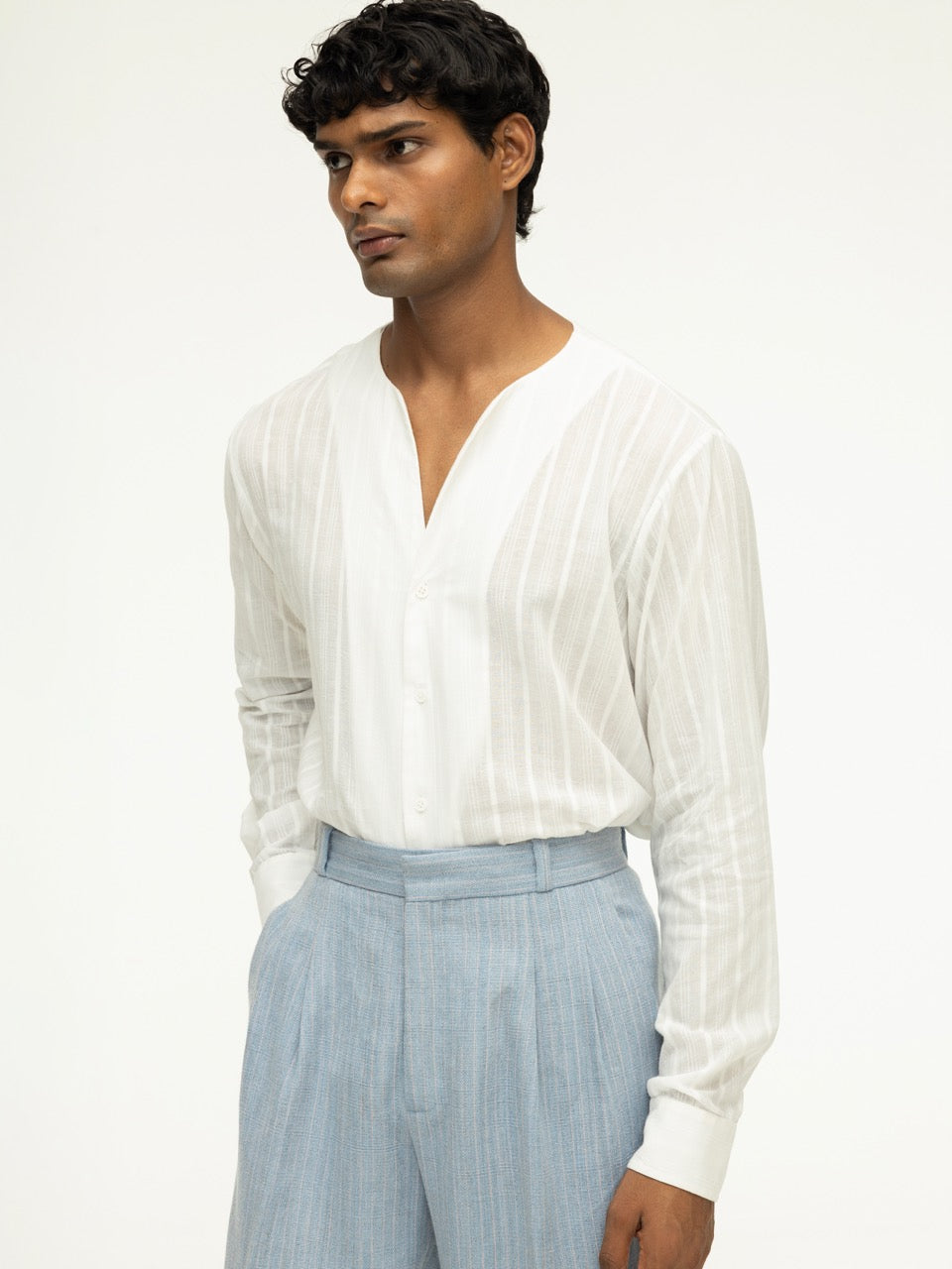 Men's Textured Cotton Collarless Shirt