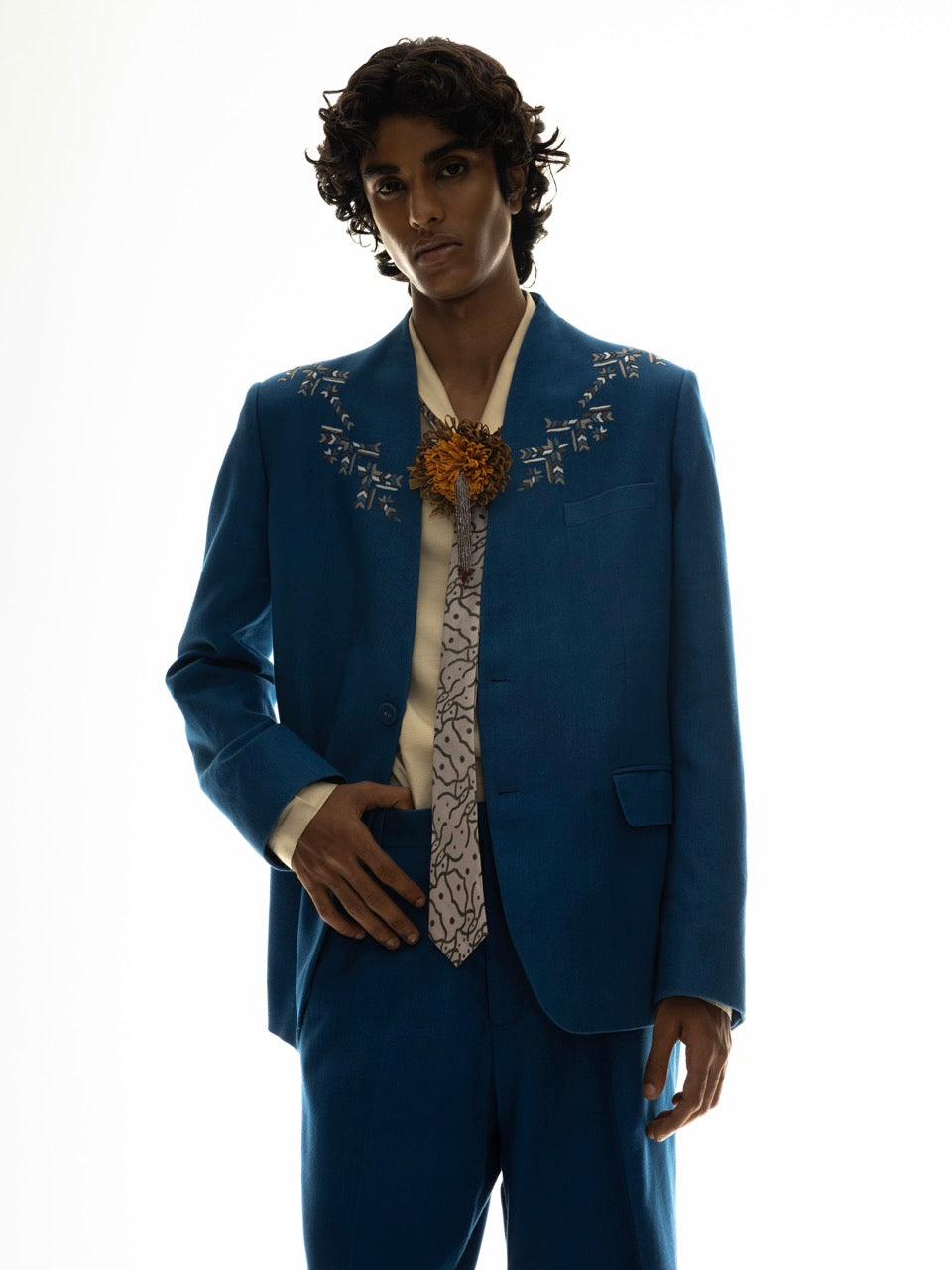 Embroidered Neckline Blue Linen Blazer
