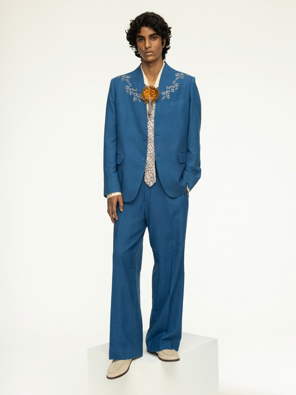 Embroidered Neckline Blue Linen Blazer