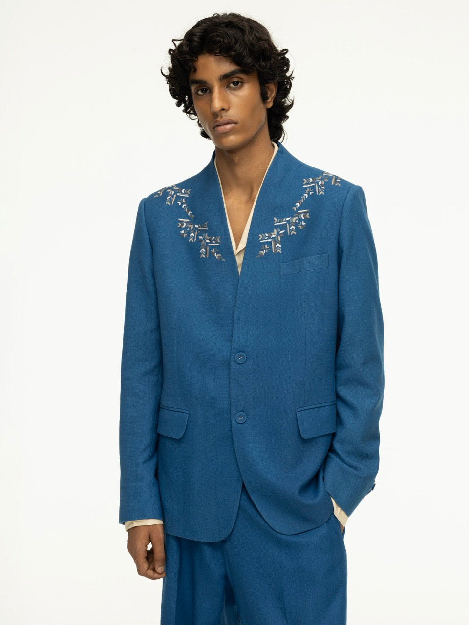 Embroidered Neckline Blue Linen Blazer