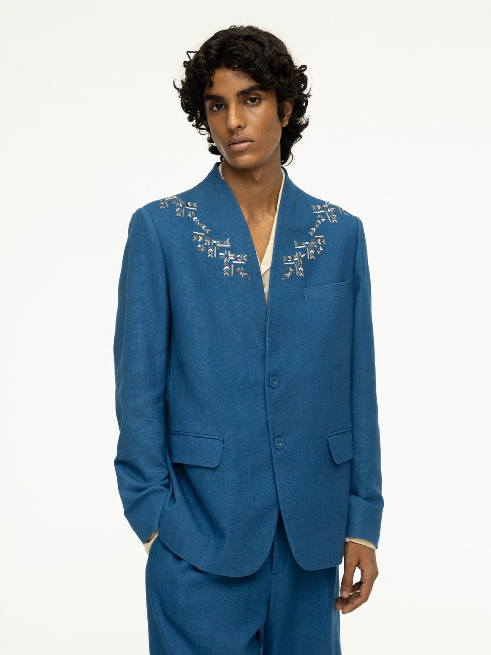 Embroidered Neckline Blue Linen Blazer