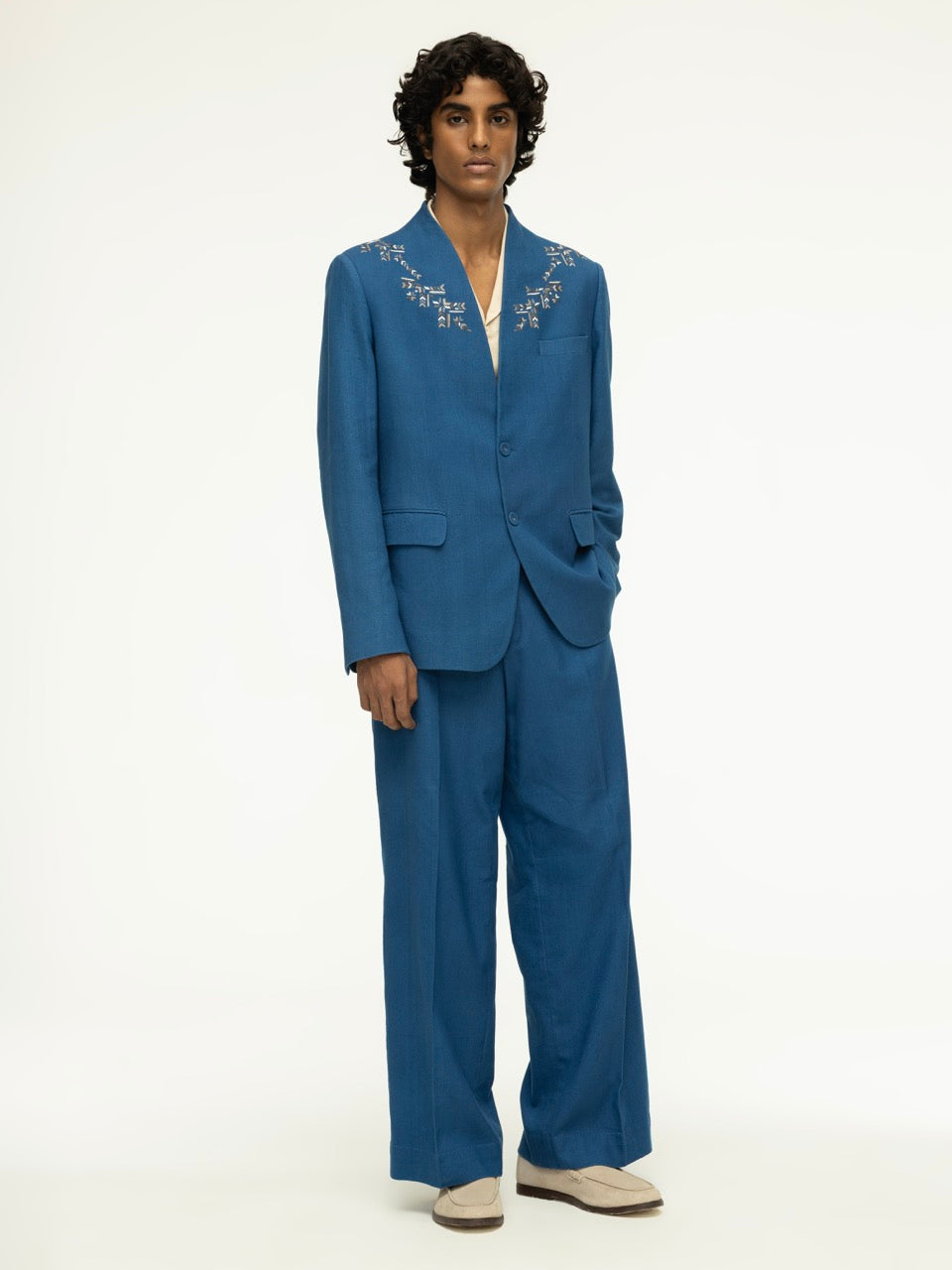 Embroidered Neckline Blue Linen Blazer