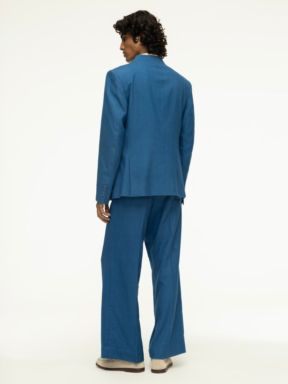 Embroidered Neckline Blue Linen Blazer