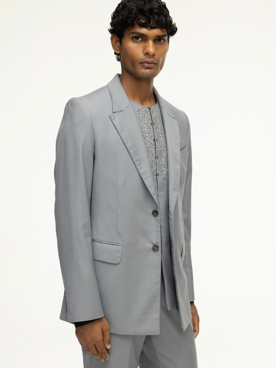 Peak-Lapel Grey Wool Blazer