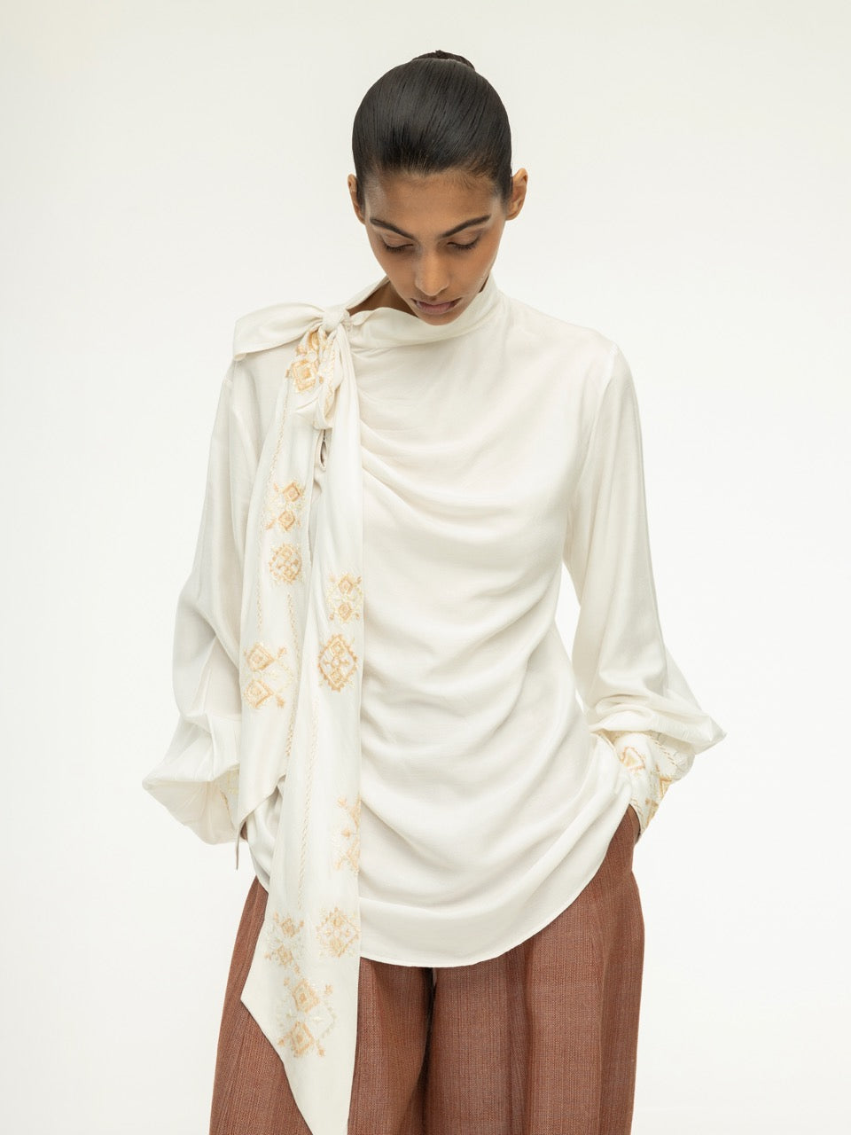 Phulkari Cowl Neck Tie Blouse