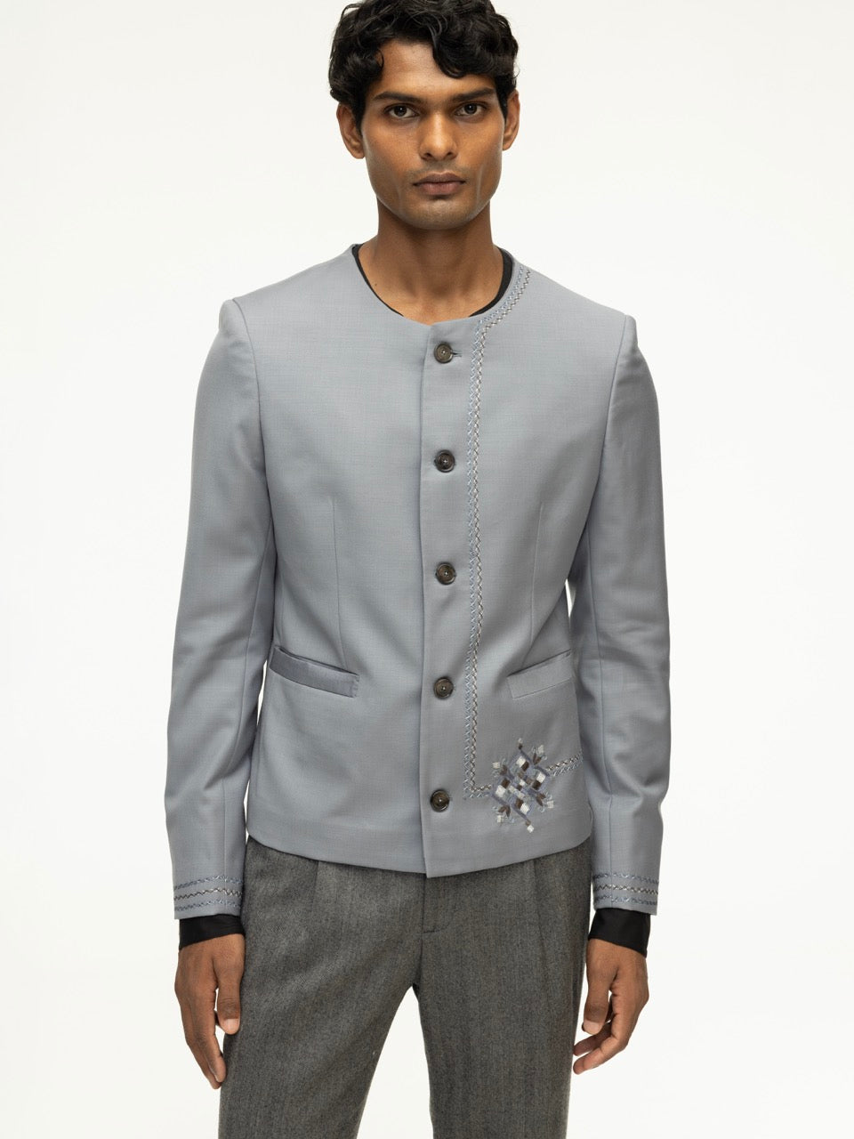 Asymmetric Phulkari Grey Wool Jacket