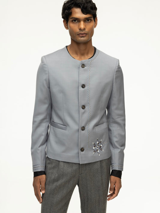 Asymmetric Phulkari Grey Wool Jacket