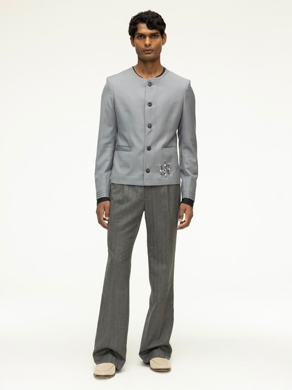 Asymmetric Phulkari Grey Wool Jacket