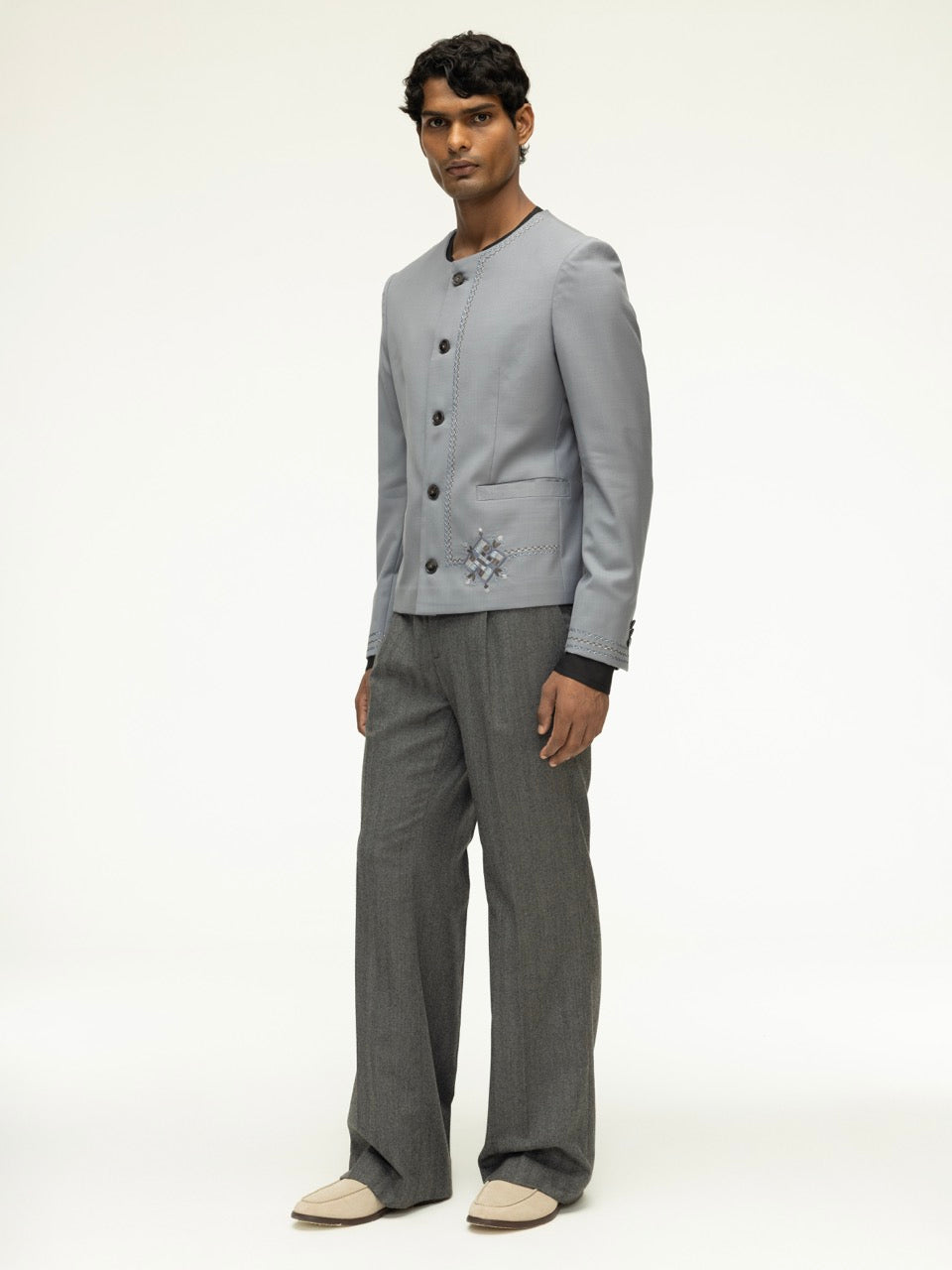 Asymmetric Phulkari Grey Wool Jacket