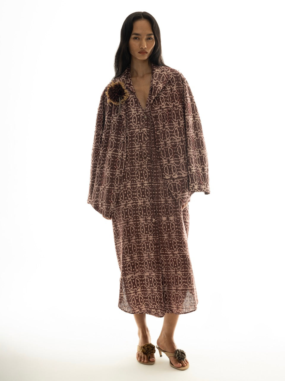 Dabu-Printed Beaded Collar Dress