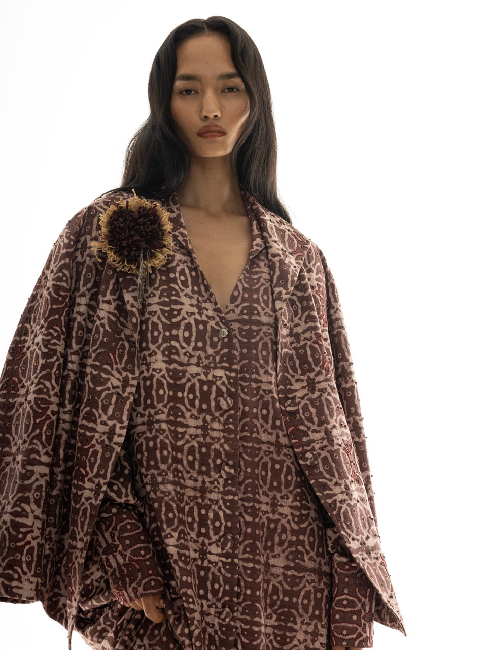 Dabu-Printed Beaded Collar Dress