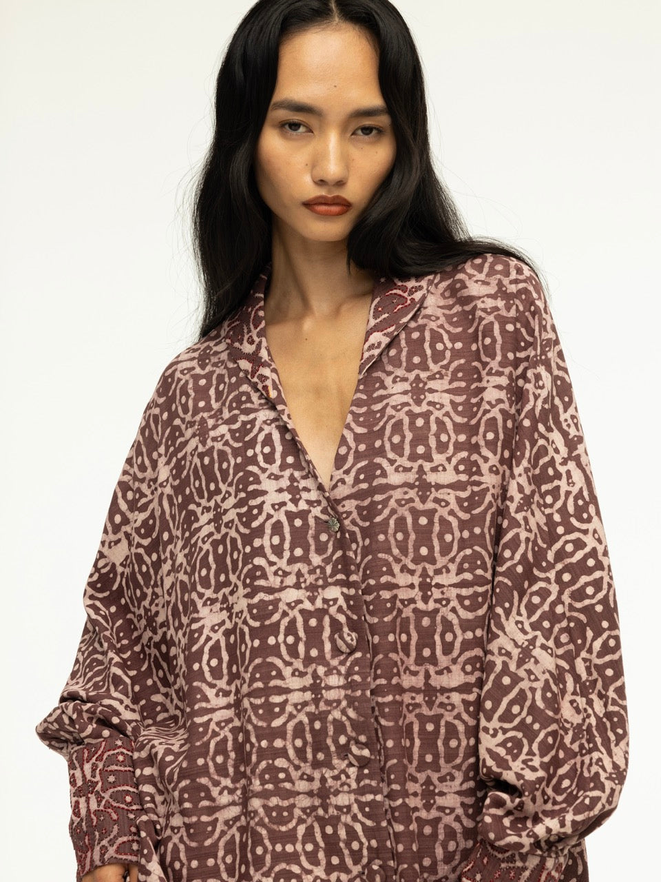 Dabu-Printed Beaded Collar Dress