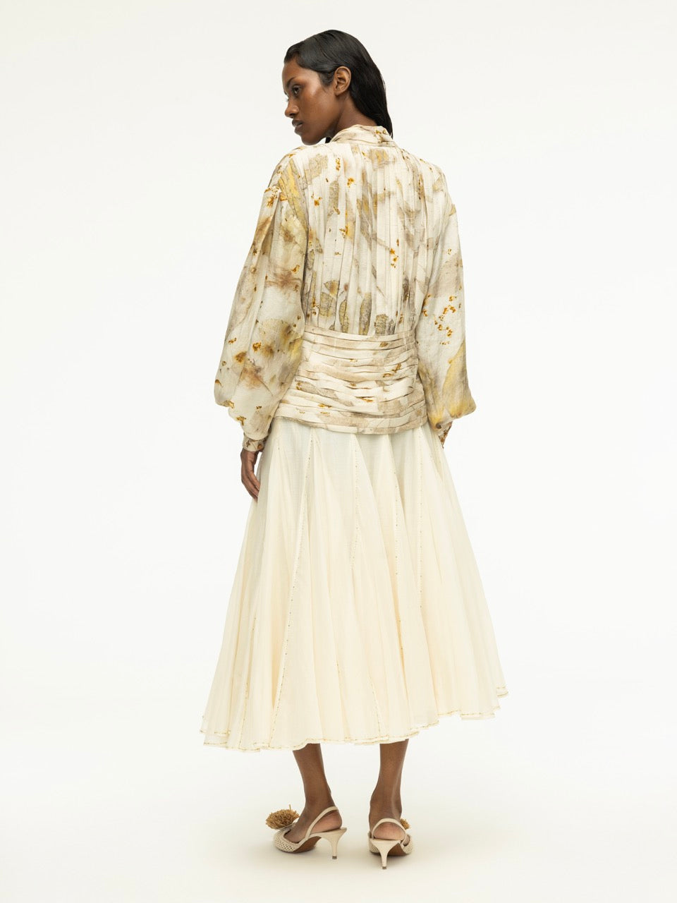 Pleated Silk Top with Embroidered Cuffs