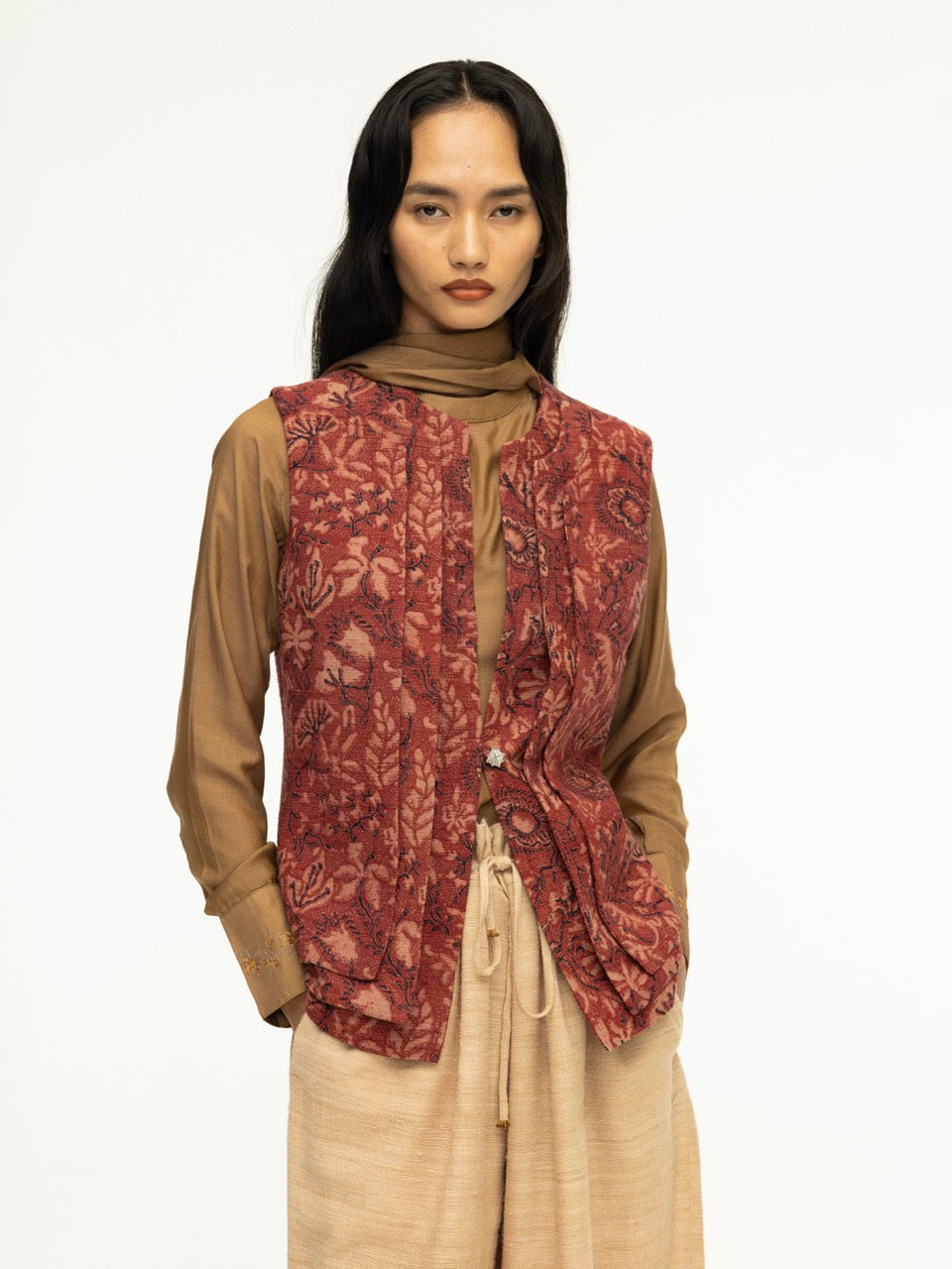 Multi-Layered Ajrak Sleeveless Jacket