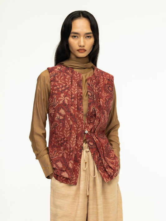 Multi-Layered Ajrak Sleeveless Jacket
