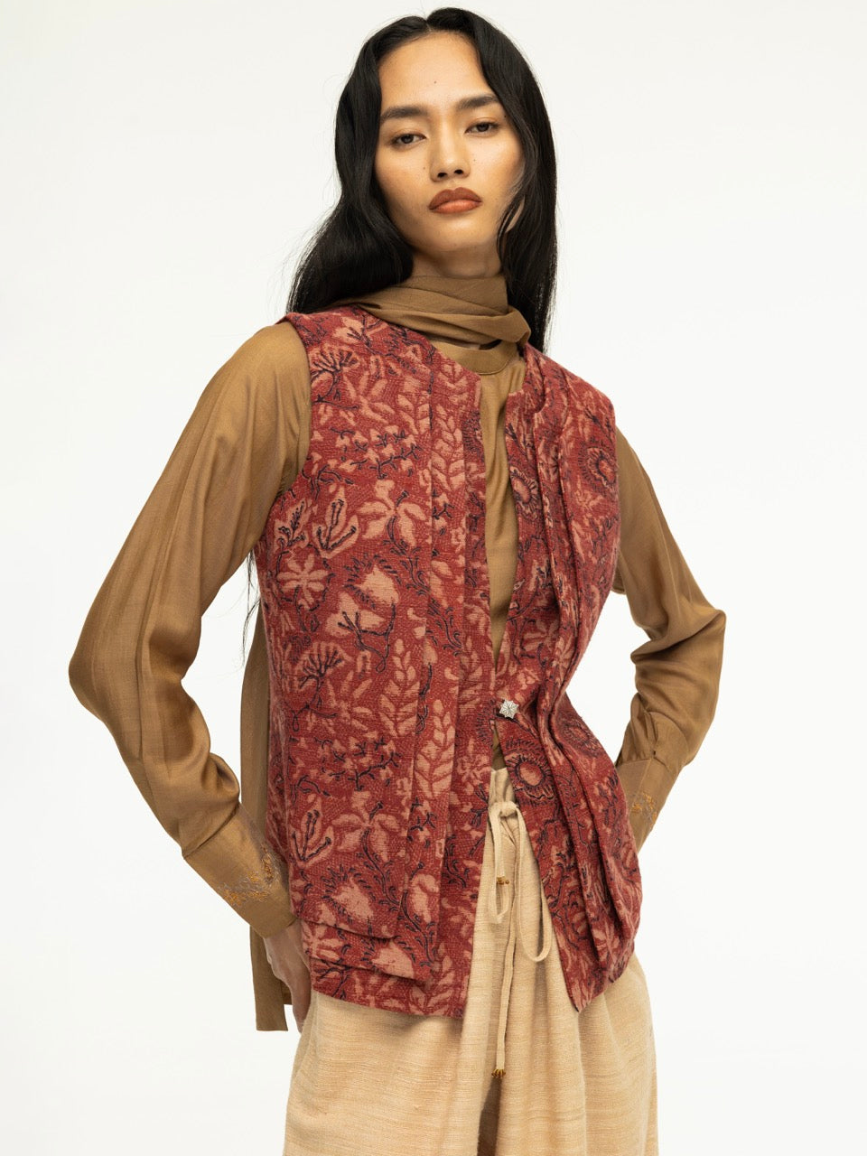 Multi-Layered Ajrak Sleeveless Jacket