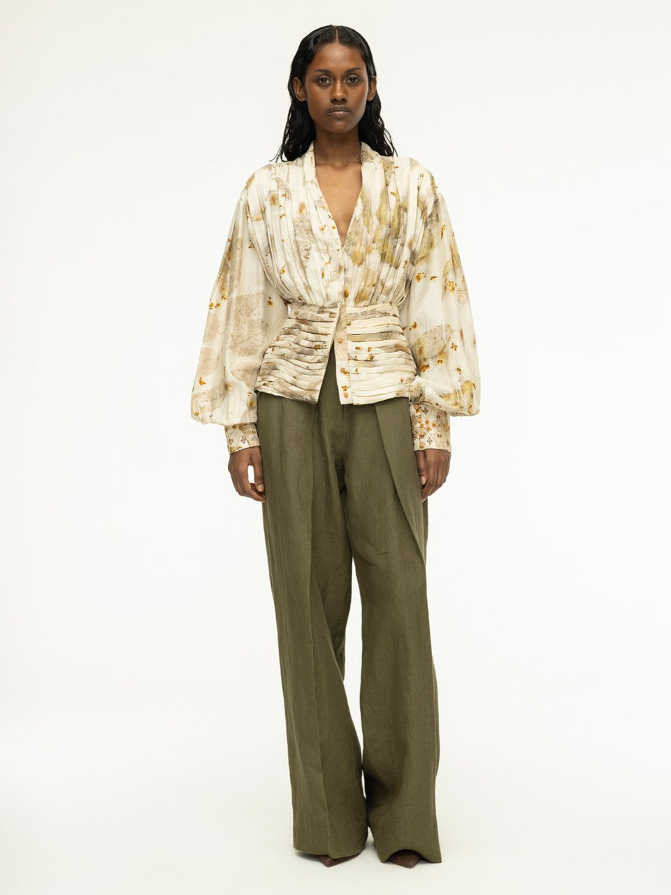 Pleated Silk Top with Embroidered Cuffs