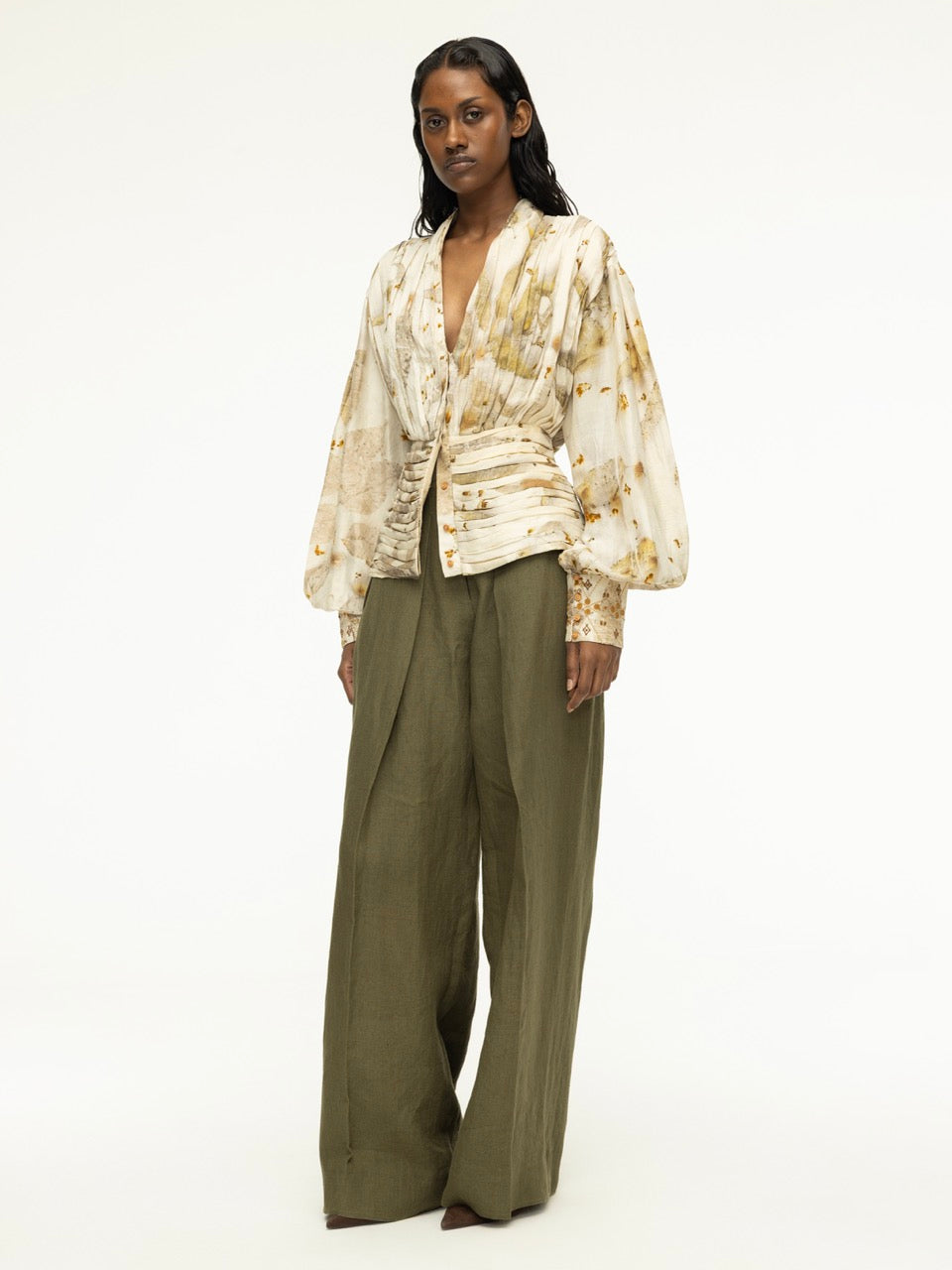 Pleated Silk Top with Embroidered Cuffs