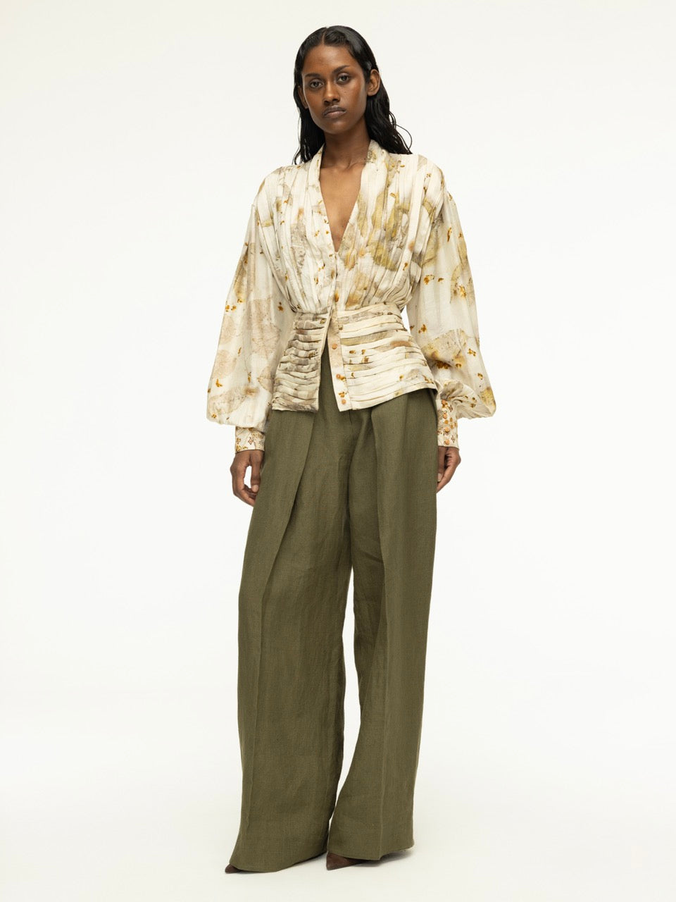 Pleated Silk Top with Embroidered Cuffs