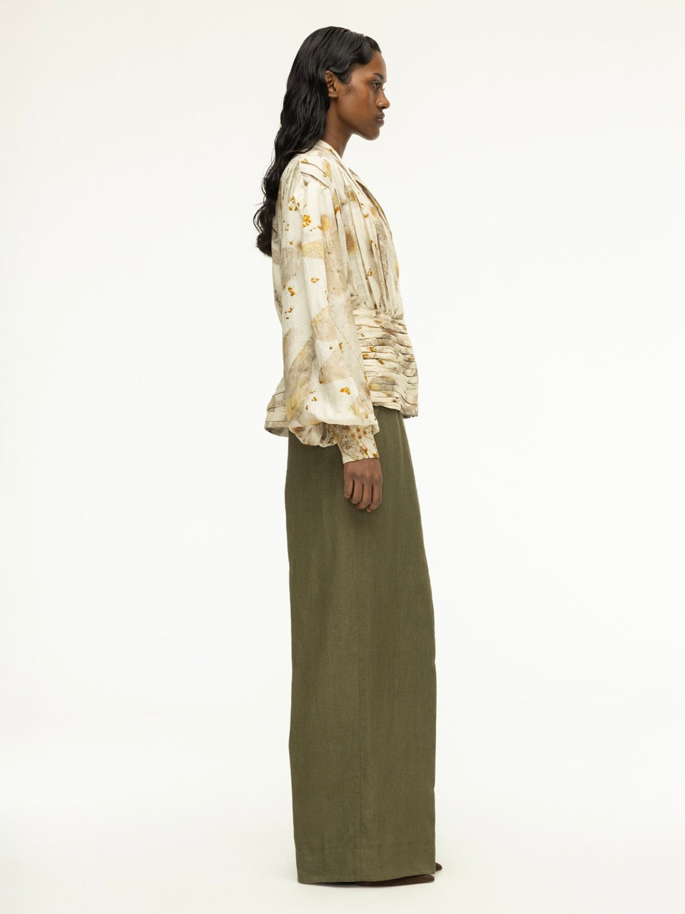 Pleated Silk Top with Embroidered Cuffs