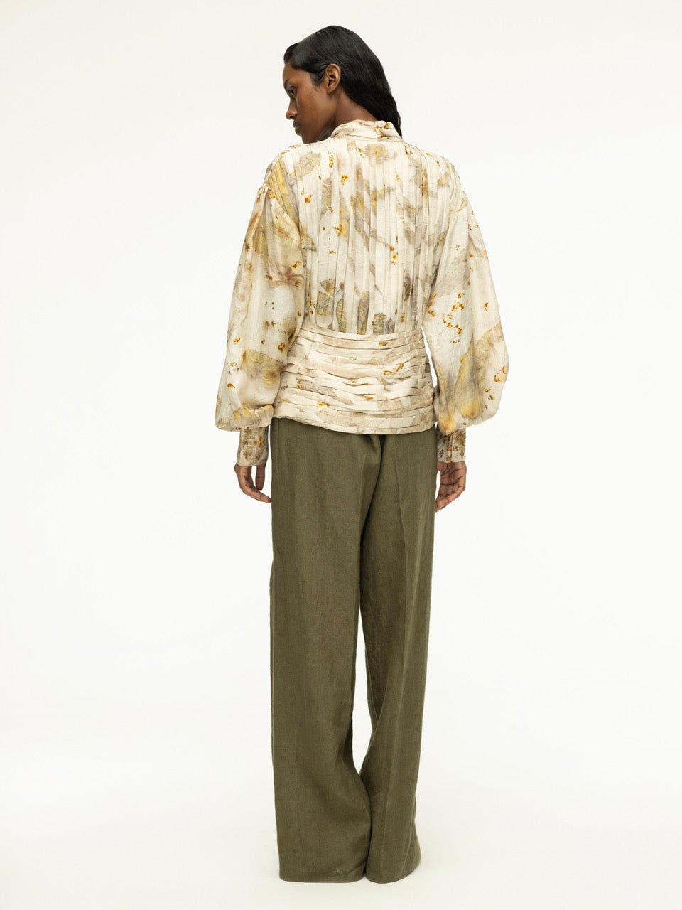 Pleated Silk Top with Embroidered Cuffs