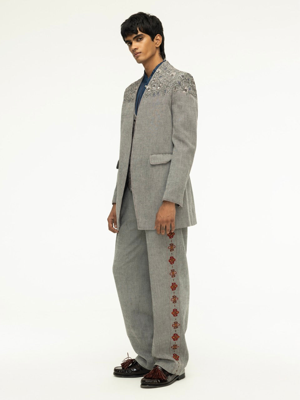 Yoke-Embroidered Denim Coat